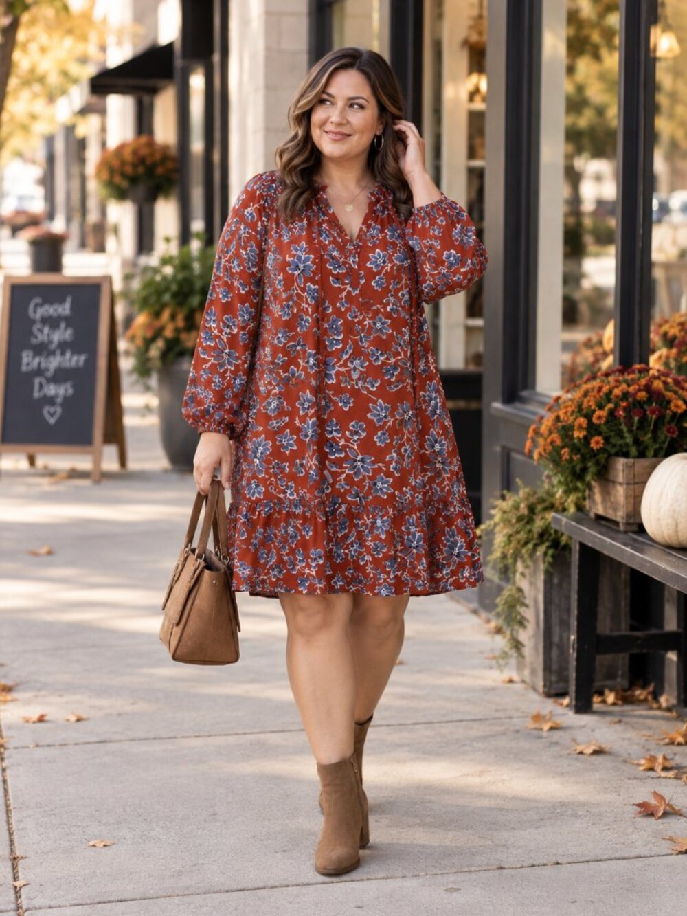 Sonoma Plus Size Floral Boho Tunic Dress Rust Blue Ruffle Neck Sz LP